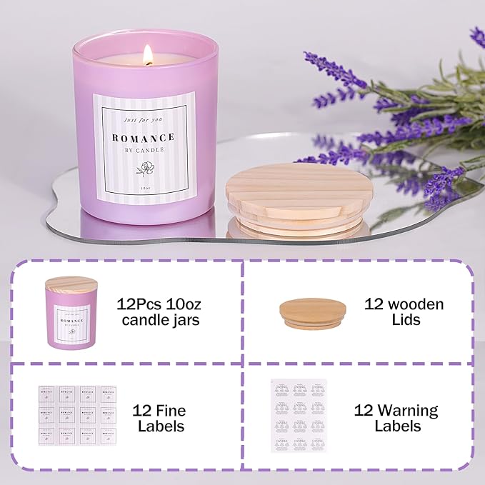 12Pcs Assorted Purple Candle Jars for Making Candles, 10oz Empty Candle Jars with Bamboo Lids and Labels, Glass Jars for Candle Making Supplies, Candle Containers for DIY Gifts