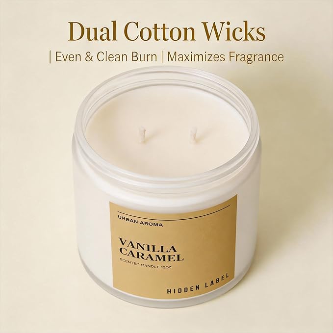 Hidden Label Vanilla Caramel Scented Candle, 12oz Large Soy Wax Candle for Home Scented, 70H Long Lasting 2-Wick Non Toxic Aromatherapy, Sweet & Cozy Home Decor Gift for Relaxation, Stress Relief