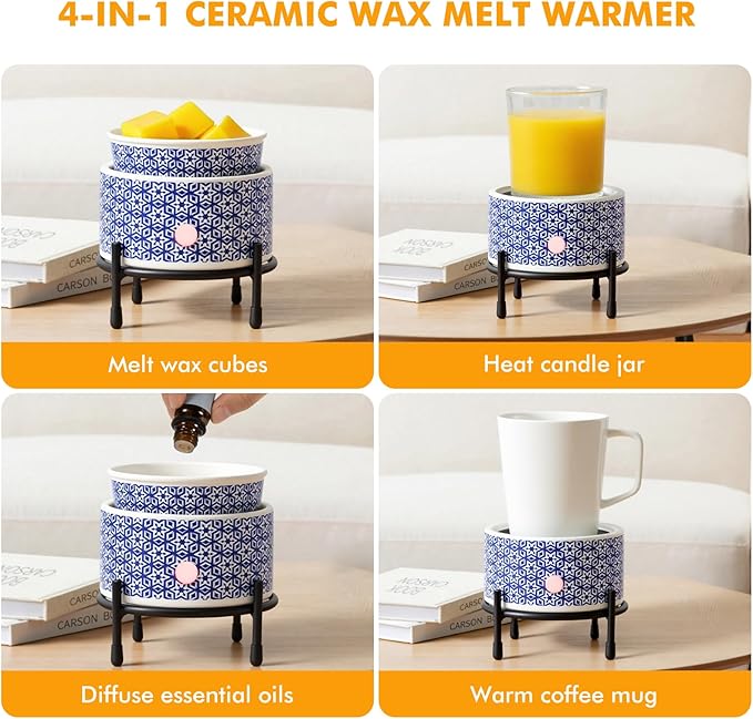 Blue & White Porcelain Wax Warmer, Electric Wax Melt Warmer, 3-In-1 Ceramic Candle Warmer for Scented Wax Melter with Iron Shelf, Fragrance Oil Burner for Home Office Bedroom Gift & Decor(Blue Flower)