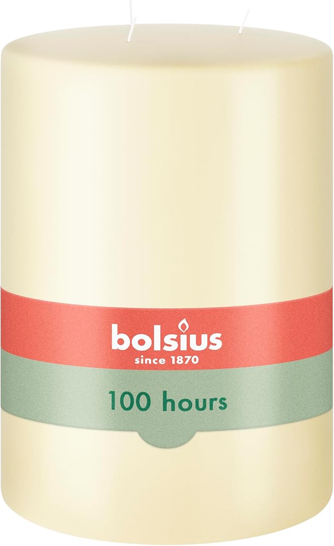 BOLSIUS 3 Wick Ivory Pillar Candle Large – 6x8 Inches - Premium European Quality - 100 Hours Burning Time - Smooth And Smokeless Flame - Relight Unscented Wedding, Dinner, Party, and Décor Candle