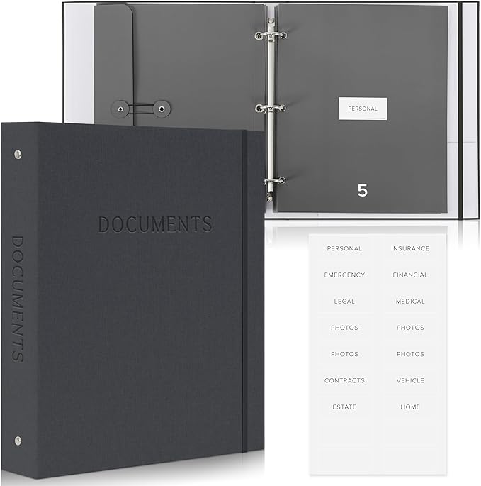 Sturdy Document Organizer Set with Folders - Beautiful Linen 3-Ring Binder Safely Stores All Important Documents & Files in One Place - Easy to Use Expanding Storage Incl. Envelopes, Pockets & Labels