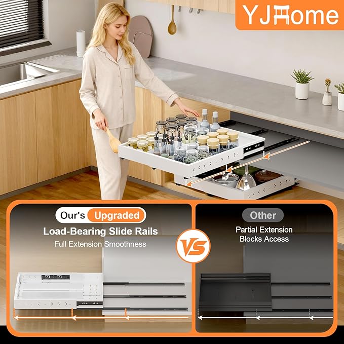 Pull out Cabinet Organizer Expandable W(12"-20") and D(16"-22"), No Drill Adjustable Slide Out Drawers With 3 Slide Rails, 2Pcs Magnetic Panel, Adhesive Roll out Shelves for Kitchen, Cabinets, Pantry