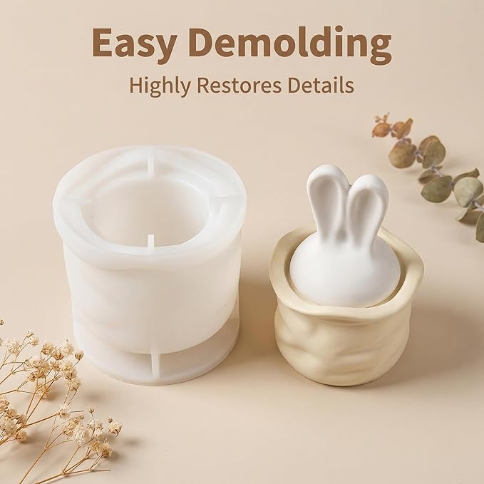 2-Piece Bunny Ear Storage Jar Silicone Mold Set, Lid & Base with Ergonomic Grip Design - DIY Candle Holder, Aromatherapy Plaster, Resin Craft Box for Home Decor, Easter Gift