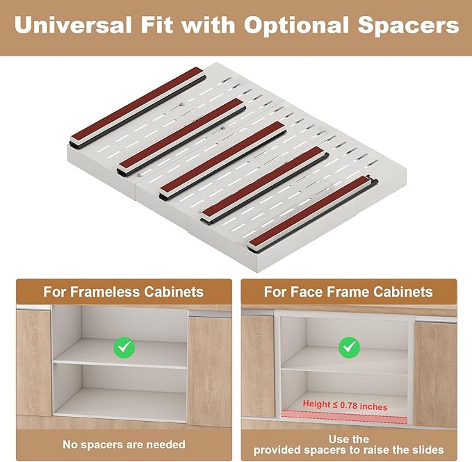 Pull out Cabinet Organizer,Expandable Width(23"-31"),Depth(17"-24") with 5 Rails,Roll out Drawers,No Drill Adjustable Slide out Shelves for Kitchen,Pantry,for Both Lip and Lip-Free Cabinets,White(1PC)