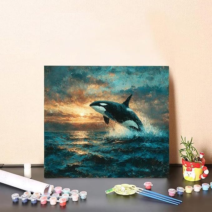 Paint by Numbers Kit for Adults Killer Whales Paint by Numbers Sea DIY Crafts for Adults Canvas Paintings Kits, Hobbies for Women Art With Accessories, Home Wall Decor 20x20inch Without Frame 0-1057