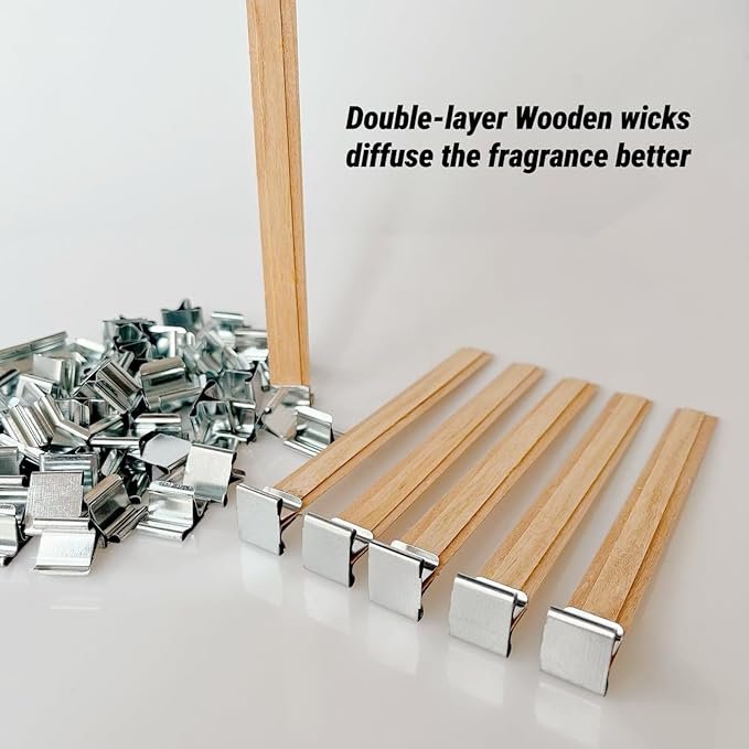 30 Sets Double-Layered Smokeless Cherry Wood Candle Wicks, Long Lasting Flame, Easily Burn, Candle Cores with Stand and Glue Dot, Warning Label for DIY Candle Making