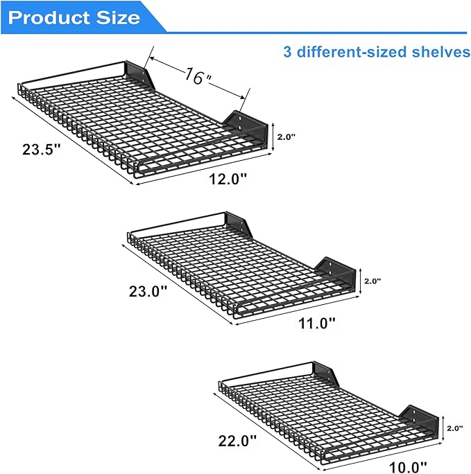 TORACK Wall-Mounted Storage Shelves, Mixed-Size Garage Floating Shelving for Closet & Laundry Room, Heavy-Duty Wall Shelf Holds Up to 65 lbs(Black)