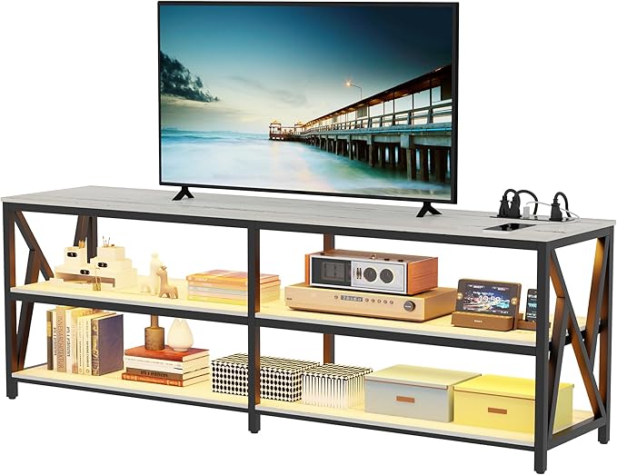Lvifur 83“ LED TV Stand for 85 75 65 inch TV, Auto Sensor Entertainment Center with RGB Dimmable Lights, TV Console Table with Open Storage Shelves and Metal Frame (White)
