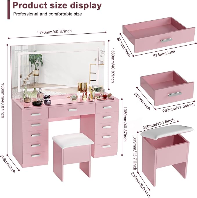 Vanity Desk with Mirror and Lights, 50" Makeup Vanity with Glass Top & Power Outlet, White Vanity with 11 Drawers & 8 Hidden Storage Shelves, 3 LED Lighting Modes Adjustable for Bedroom (PINK)