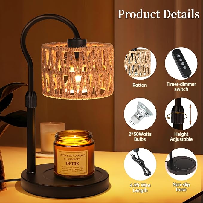 Candle Warmer Lamp,Adjustable Height with 2 Bulbs，Boho Rattan Candle Lamp with Dimmer & Timer, Flameless Fragrance Diffuser for Scented Wax Melts, Mothers Day and Birthday Gifts for Home, Office