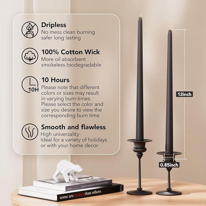 12-Inch Tall Dripless Taper Candles Set of 4 - Black Gray Tapered Candles, Perfect for Spring - Smokeless, Unscented, Long Burning - Hand Poured, Colored Tall Candlesticks - Dark Gray