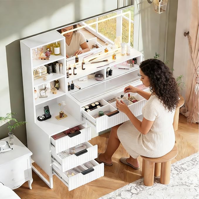 HAIOOU Fluted Vanity Desk with Mirror and Lights,48" Large Makeup Vanity Desk with Charging Station,Dressing Table with 4 Drawers & 3 Open Storage Shelves, Glass Top for Bedroom,White