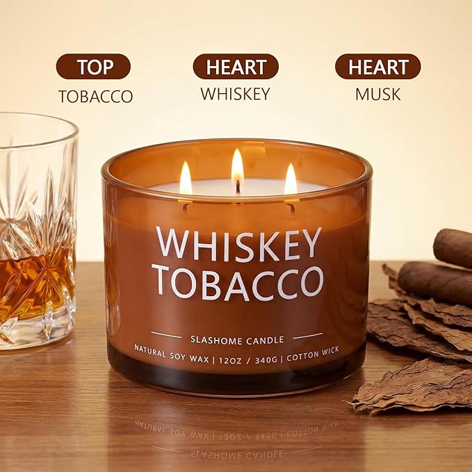Whiskey & Tobacco Scented Candle, Luxury Large 3 Wick Soy Candle 12 Oz, 60+ Hour Long Lasting Clean Burn, Elegant Aromatherapy Home Decor, Housewarming & Birthday Gift for Men & Women