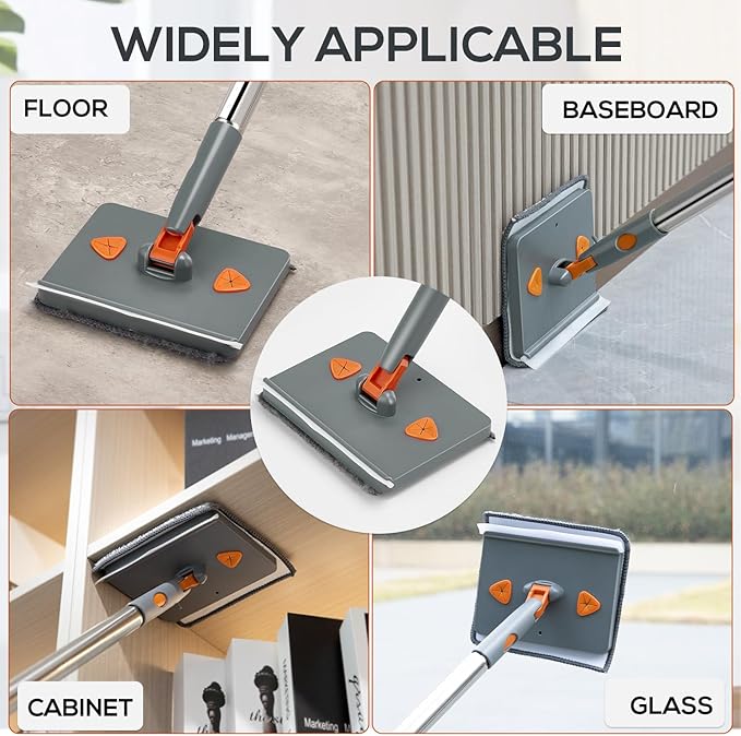 Base Board Cleaner Tool with Handle, 360 Rotating Wall Cleaner Mop, 180 Folding Ceiling Tool Duster with Squeegee for Cleaning Wall, Ceiling, Window, Floor, 8 Replacement Cleaning Pads