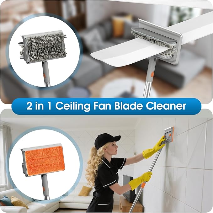 Extendable Cleaner for Ceiling Fan and Baseboards Cleaner Tool- 79” Adjustable Cleaning Kit with 9 Reusable Pads, Ceiling Fan Blade Cleaner Duster Set with Long Handle, Wall, Floor, Windows