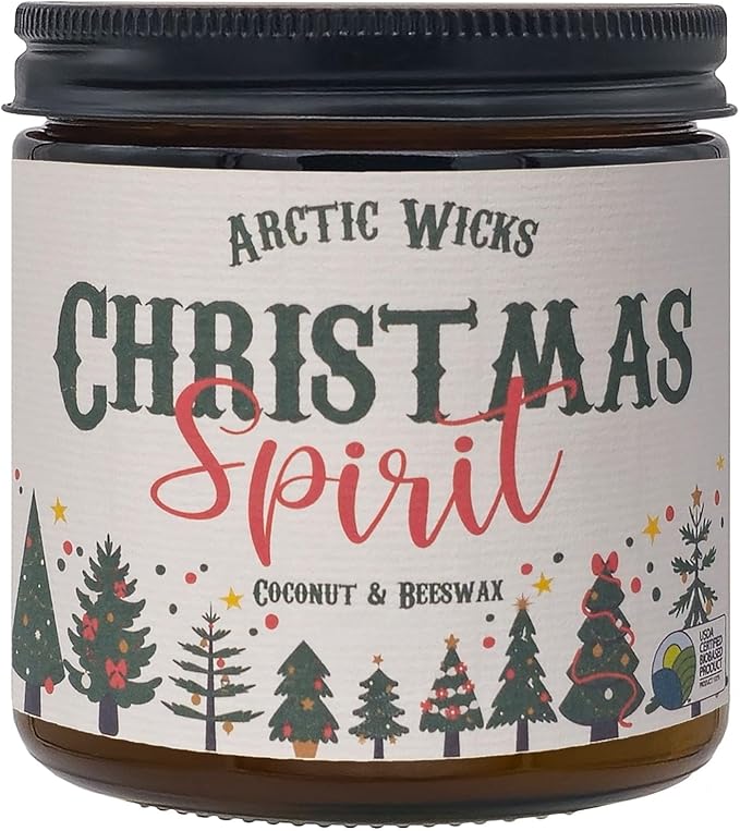 Arctic Wicks Handcrafted Candles | Non Toxic Coconut Beeswax Candles 16oz Double Wick | 100% USDA Certified Biobased, Handmade, Premium Waxes, Non-Toxic (Christmas Spirit, 16oz Amber Jar)