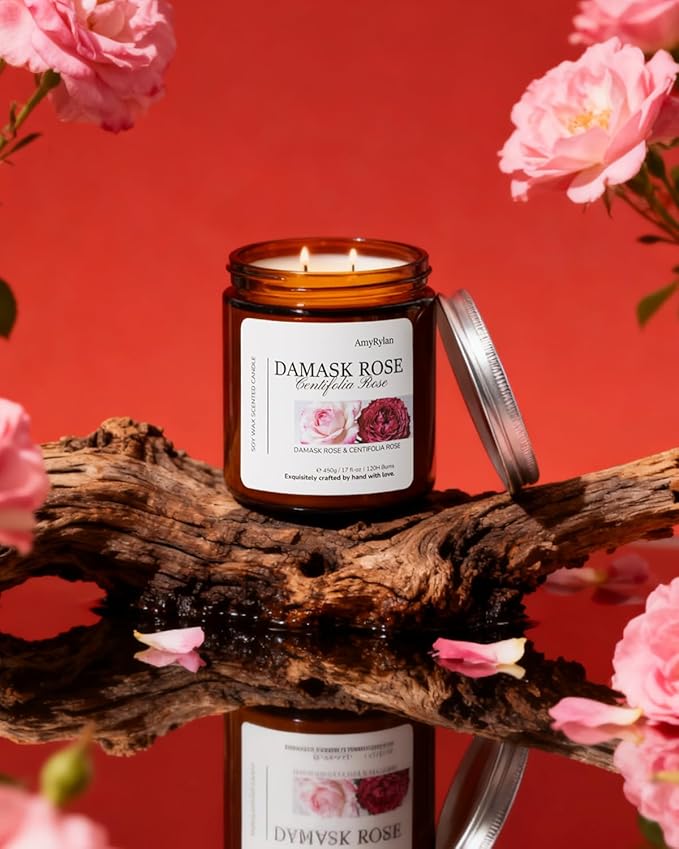 2 Wicks 17oz Large Non-Toxic Soy Wax Scented Candle, Damask Rose&Centifolia Rose 120 Hours of Burn Time, Long Lasting Candle for Gift, Cost-Effective Candle for Home Fragrance, Aromatherapy