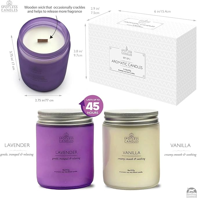 Aromatic Candles Two Pack - 2 x 8 oz Lavender & Vanilla in a Gift Pack, Classic Candle Set for Men and Women by Spotless Leopard