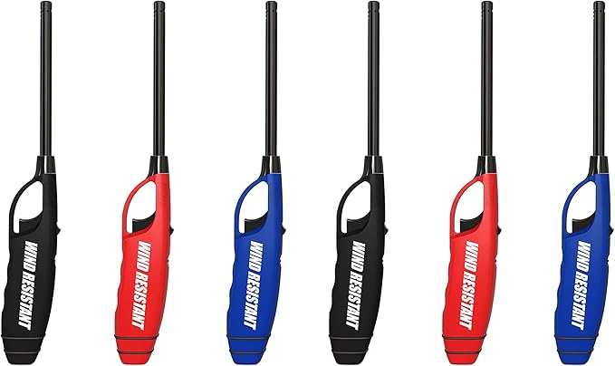Windproof Multipurpose Long Neck Lighters, Ideal for Camping Hiking BBQ Grilling Fireplace Outdoor, Utility Lighters, Value Pack of 6