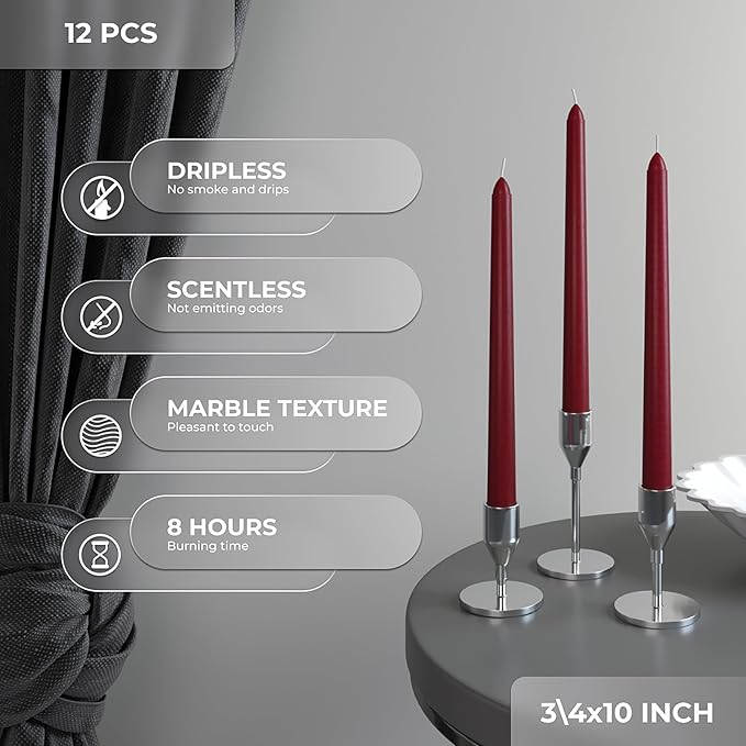 CANDWAX 10 inch Burgundy Taper Candles Set of 12 - Unscented Dripless Burgundy Candlesticks - Christmas Taper Candles with Burning Time up to 8 Hours - Christmas Candle Sticks