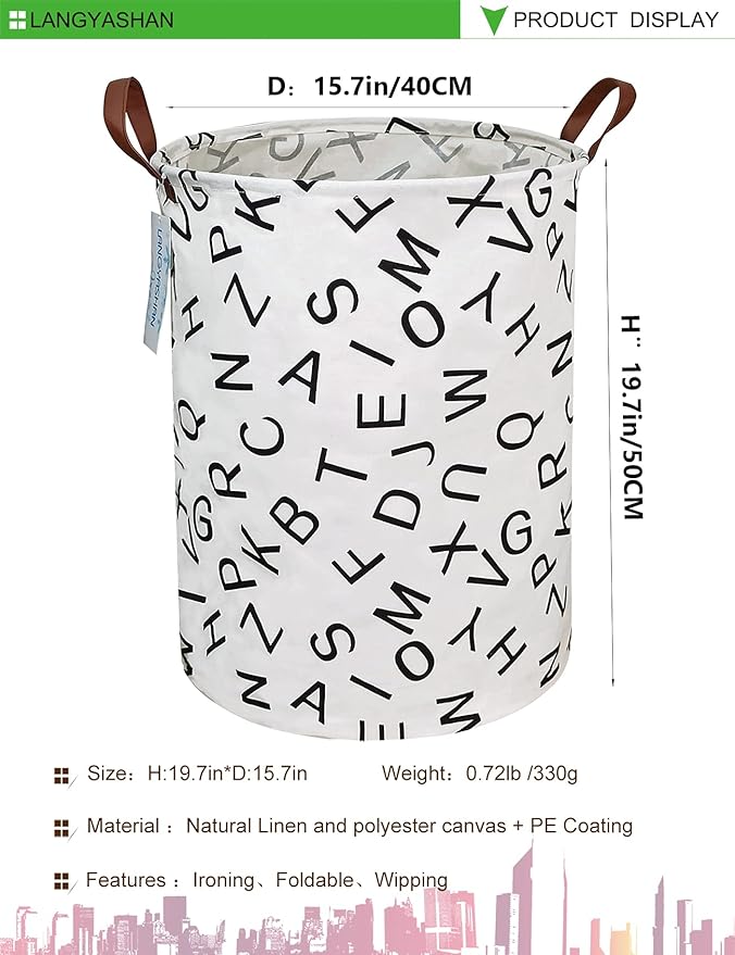 LANGYASHAN Laundry Basket Canvas Fabric Collapsible Organizer Basket for Storage Bin Toy Bins Gift Baskets Bedroom Clothes Children Nursery Hamper (Alphabet)