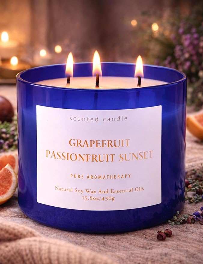 Grapefruit Passionfruit Sunset 3-Wick Soy Candle | Large Aromatherapy Scented Candle for Home 15.8oz | Fresh Tropical Citrus Stress Relief Candle | Clean Burn | Relaxation Gift for Women & Men