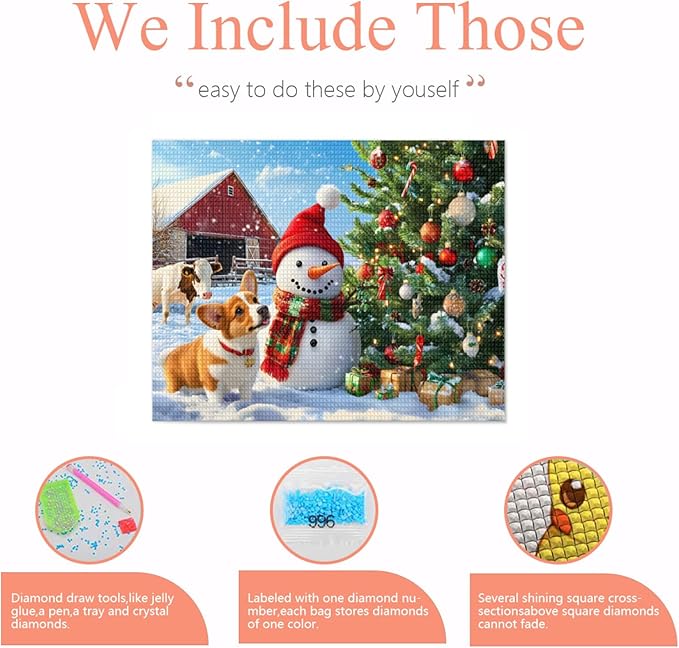 IMLQJES Diamond Painting Kits for Adults - DIY Christmas Diamond Painting - Barn Snowman Dog Gemstone Art Craft Cross Stitch for Beginners - for Wall Decor 12x14 Inch