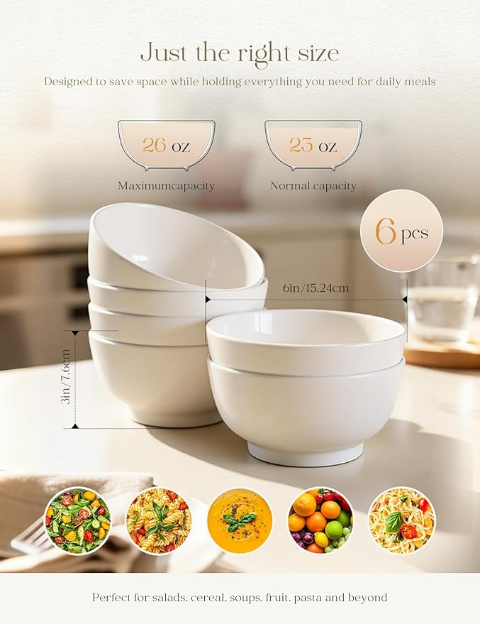 AISBUGUR Ceramic Bowls Set of 6-26OZ Deep Soup Bowls Salad Bowls for Kitchen Microwave & Dishwasher Safe - White Serving Bowls for Cereal, Soup, Pasta, Dessert