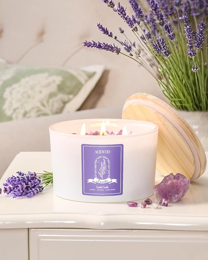 AOOVOO Lavender Scented Candles for Women - 20oz 3 Wick Soy Candles for Home Scented, Aromatherapy Candle with Crystals Inside, Birthday Gifts Valentines Day Candle for Women Mom