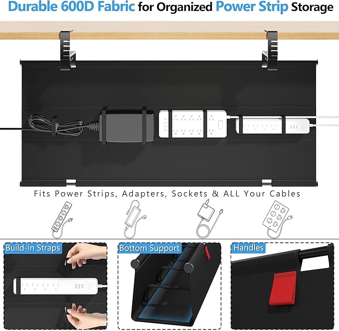 Litwaro Under Desk Cable Management Tray No Drill, 40.6" Cord Organizer with Clamp for Standing Desk, Premium Fabric Cable Tray with Wire Management for Office Home, Black