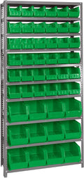 Quantum Storage Systems QSBU-230240GN Giant Open Hopper Steel Shelving System, 12" D x 36" W x 75" H, with 10 Shelves and 36 QUS230 and 12 QUS240 Bins, Green