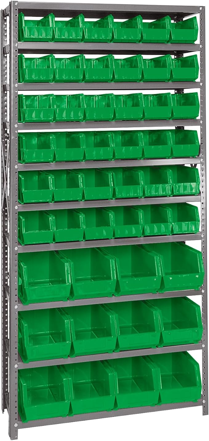 Quantum Storage Systems QSBU-230240GN Giant Open Hopper Steel Shelving System, 12" D x 36" W x 75" H, with 10 Shelves and 36 QUS230 and 12 QUS240 Bins, Green
