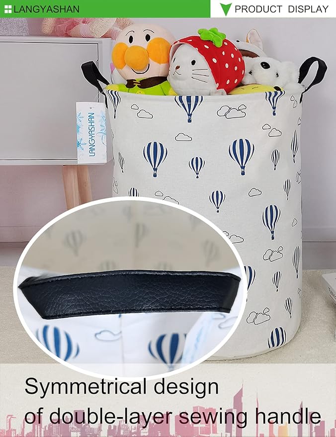 LANGYASHAN Laundry Basket Canvas Fabric Collapsible Organizer Basket for Storage Bin Toy Bins Gift Baskets Bedroom Clothes Children Nursery Hamper (Round Blue Balloon)