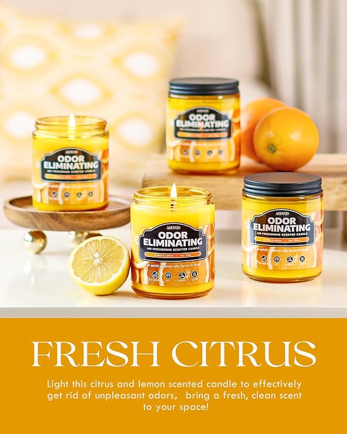 AOOVOO 4 Pack Citrus Lemon Odor Eliminating Highly Fragranced Candle - Eliminates 95% of Pet, Smoke, Food, and Other Smells Quickly, Non Toxic Air Freshing Soy Candle