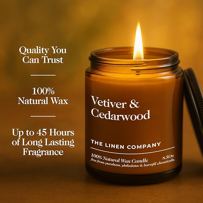 Hand Poured Non Toxic Candles - Vetiver & Cedarwood Fall Candles with Premium Natural Wax - Aromatherapy Scented Candles with Fir, Lemon Peel, Black Pepper & Musk Notes - 8.5 Oz, 45 Hrs Burn Time