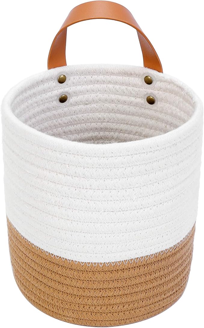 Hanging Basket - Wall Hanging Baskets for Organizing - Hanging Storage Woven Wall Basket - Small Wicker Wall Baskets for Wall Decor - Hanging Planter Baskets 6.3" x 7" (White and Brown)