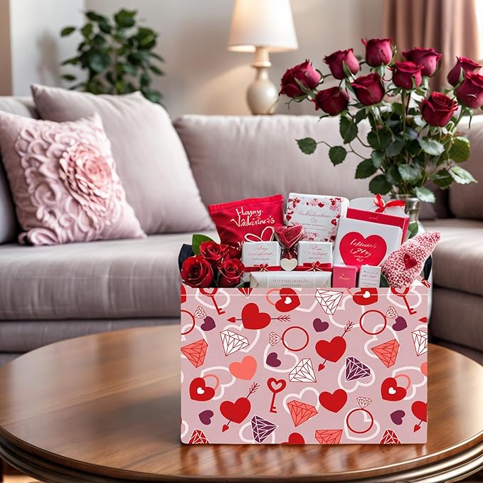 Valentine's Day Basket Gift for Empty Cute Heart Large Storage Bin for Kid and Baby Room Décor (Diamond Key Lock Love)