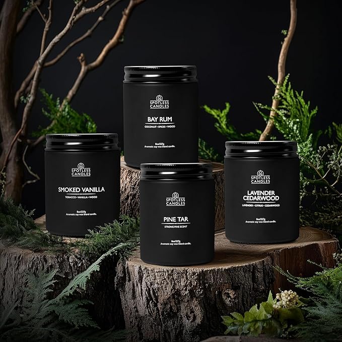 Scented Candles for Men - 200 Hours Burn Time in Gift Box & Protective Shipper - Men Candle Set x 4 - Cedarwood & Lavender/Bay Rum/Pine Tar/Smoke & Vanilla - Spotless Leopard