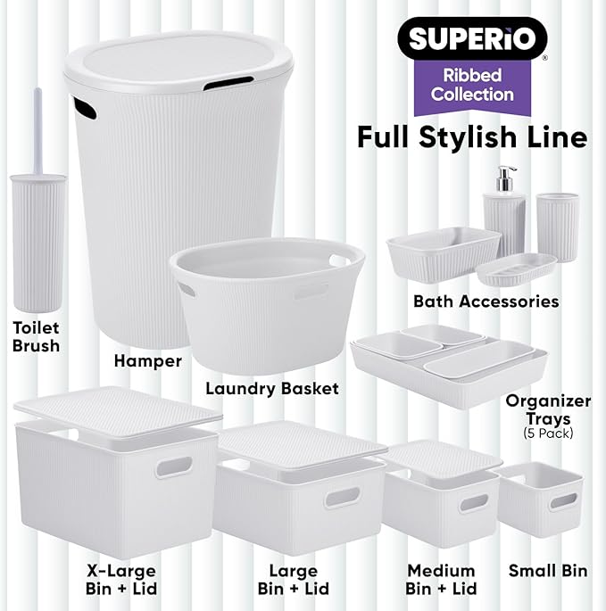 Superio Ribbed Collection - Decorative Plastic Basket Open Home Storage Bins Organizer, Large White Smoke (1 Pack) Container Boxes for Organizing Closet Storage Bins for Shelves 15 Liter/16 Quart
