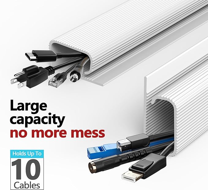 Under Desk Cable Management, 15.7 in Computer Cable Management White, 6Pcs Self-Adhesive J Channel Wire Raceway, Computer Cord Hider for Home & Office, Kid & Pet Trip Prevention