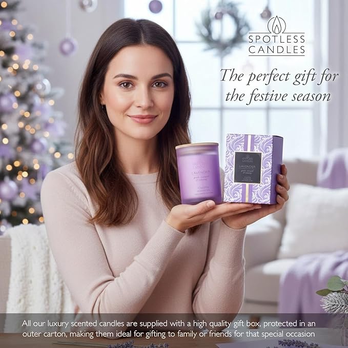 Lavender Candle 9.7 oz: 55 Hrs Burn Time - Lavender Scented Candles in Frosted Glass Jar with Wooden Crackling Wick in a Luxurious Gold Foil Lined Gift Box