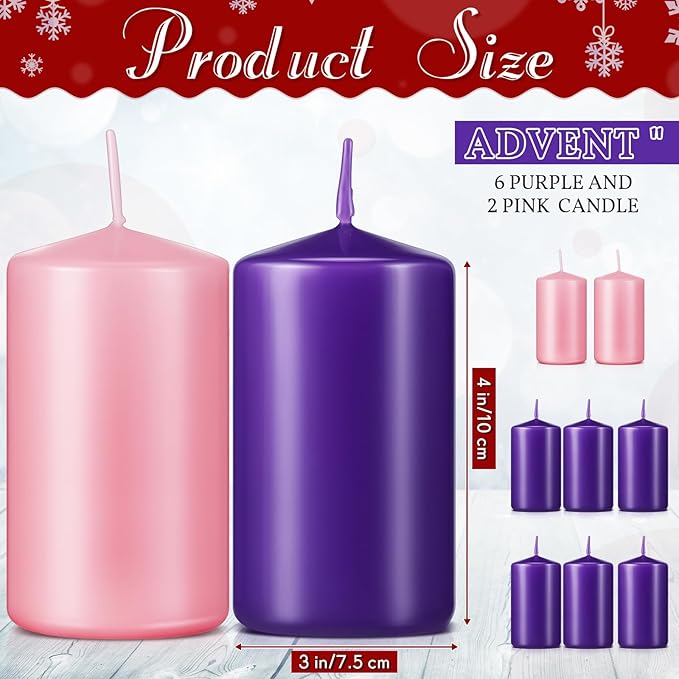 Amylove 8 Pcs 3 x 4 Inch Advent Pillar Candles Set Pink Purple Christmas Unscented Lasting Burning Church Candles for Advent Wreath Holiday Gifting