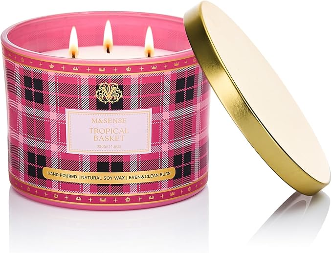 M&SENSE Plaid Pattern 3 Wick Soy Candles,11.64 oz Large Tropical Basket Scent Candle for Relaxation, Gifting, Home Décor | for Bedroom, Office, Party