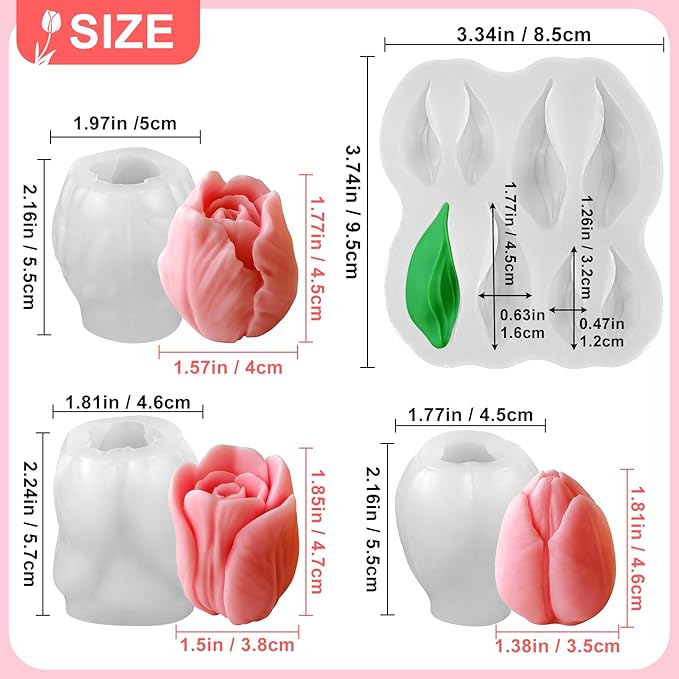 4 PCS Tulip Candle Molds with Leaf Mold, 3D Tulip Flower Silicone Molds for Candles Making Handmade Soap Clay Plaster Epoxy Resin Casting Home Decorations Mothers Day Gift