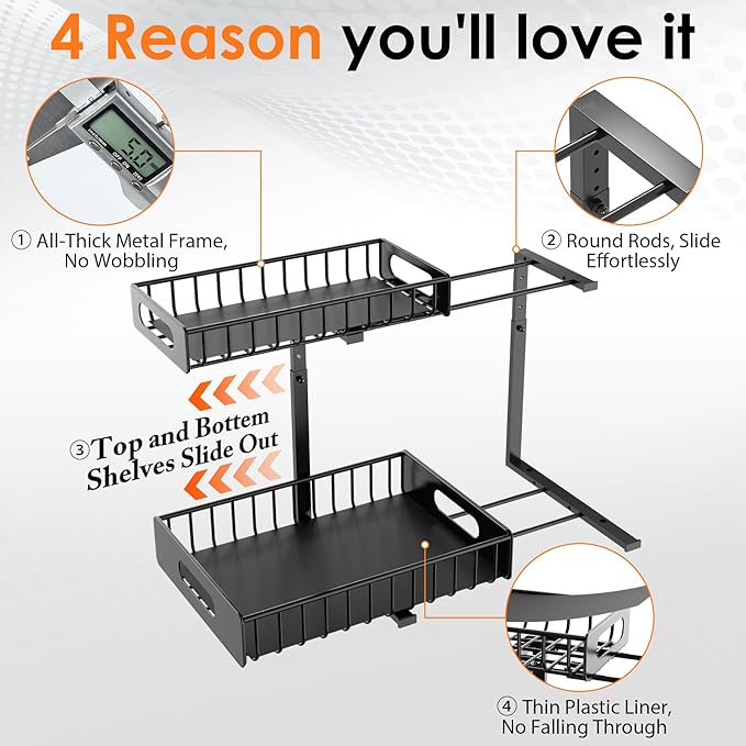 HBL' 2-Pack Large Metal Under Sink Organizer, 2-Tier Slide-Out Under the Kitchen Sink Organizer and Storage,Height Adjustable Under Sink Storage Shelves for Bathroom.