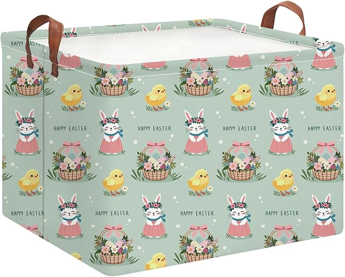 Rectangle Green Easter Basket Empty,Easter Gift Bakset for Egg Hunting,Books Bin with Handles,Room Decor(Pale Green Easter Basket)