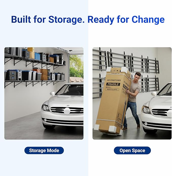 FLEXIMOUNTS Fold-Down 2x4ft Garage Wall Shelving, 2-Pack Heavy Duty Folding Garage Shelving Wall Mounted, 600 lbs Capacity, Storage for Power Tools, Garden Supplies & Seasonal Storage, Lite Series
