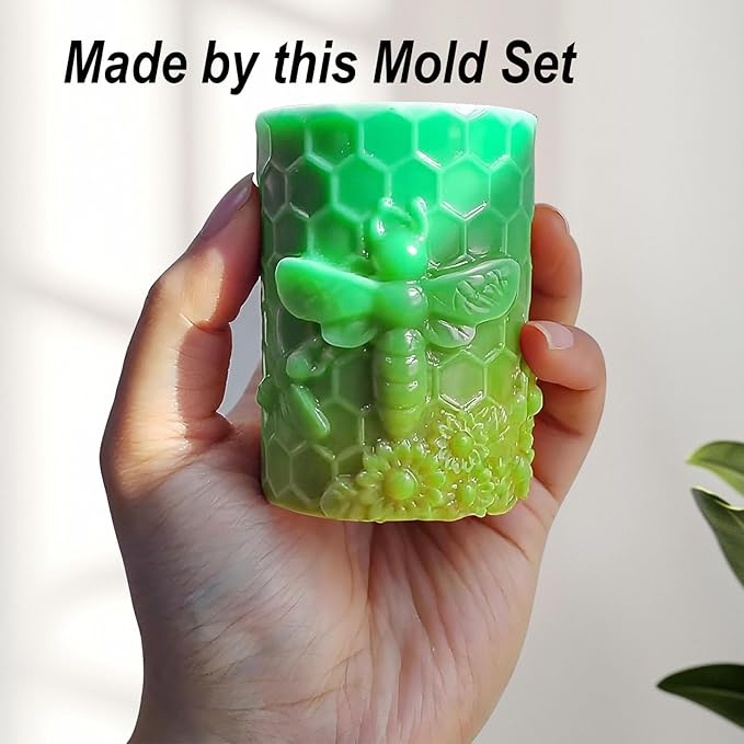Honeycomb Bee Candle Silicone Molds 2PCS with Flowers Design, White Resin Cylindrical Mould Set, Soap Wax Beeswax Epoxy Casting Clay Mold-Kit, 2 Pack