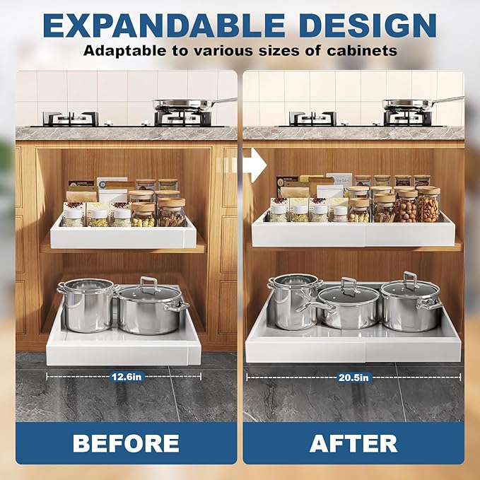 Pull-out Cabinet Organizer, ExpandableHeavy Duty Slide out Drawers Fixed with Adhesive Nano Film for Pots, Roll out Shelf Storage for Kitchen Base Cabinet Organization (white-2PCS)
