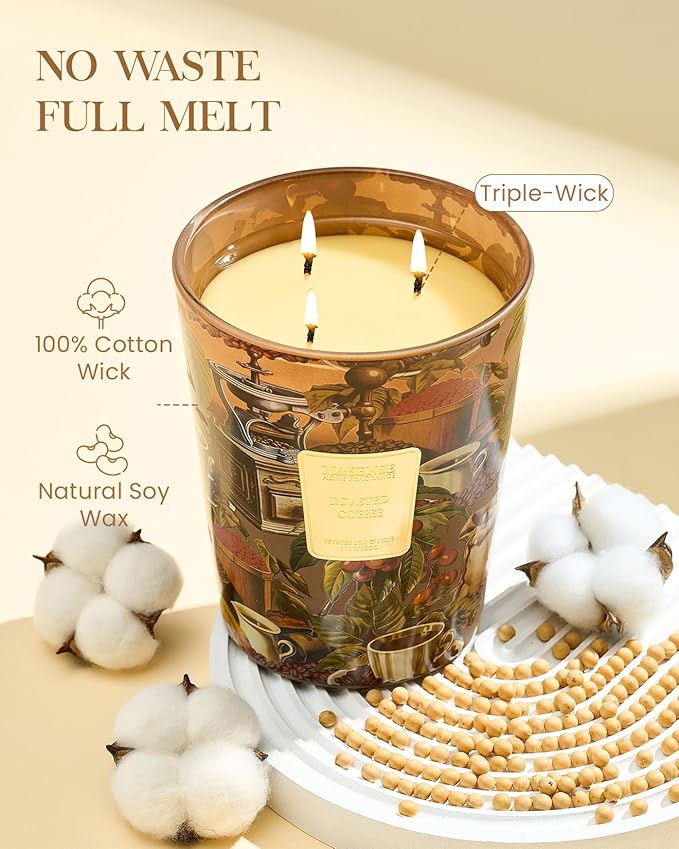 M&SENSE Roasted Coffee Soy Large Candles, 3-Wick 35oz 150H Slow Burning, Aromatherapy Candle for Home Office Focus Winter Décor